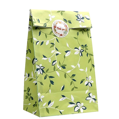 12/24PCS Plant Pattern Gift Paper Bags for Candy Cookie Bakery Kraft Paper Packaging Bags with Stickers