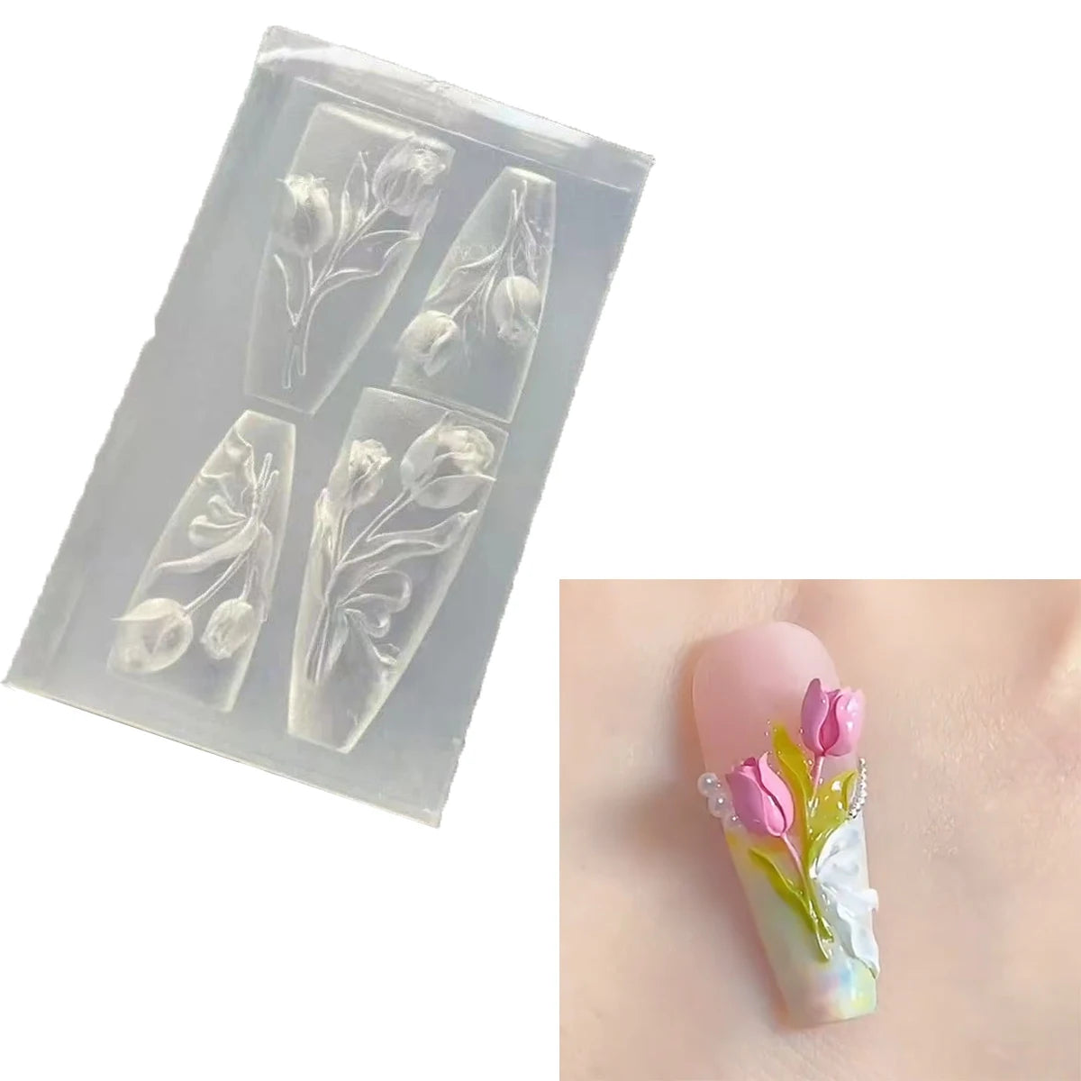 3D Flowers Nail Art Mold Silicone DIY Tropical Floral Tulip Bunch Nail Design Molds High Transparent Nail Art Carving Templat