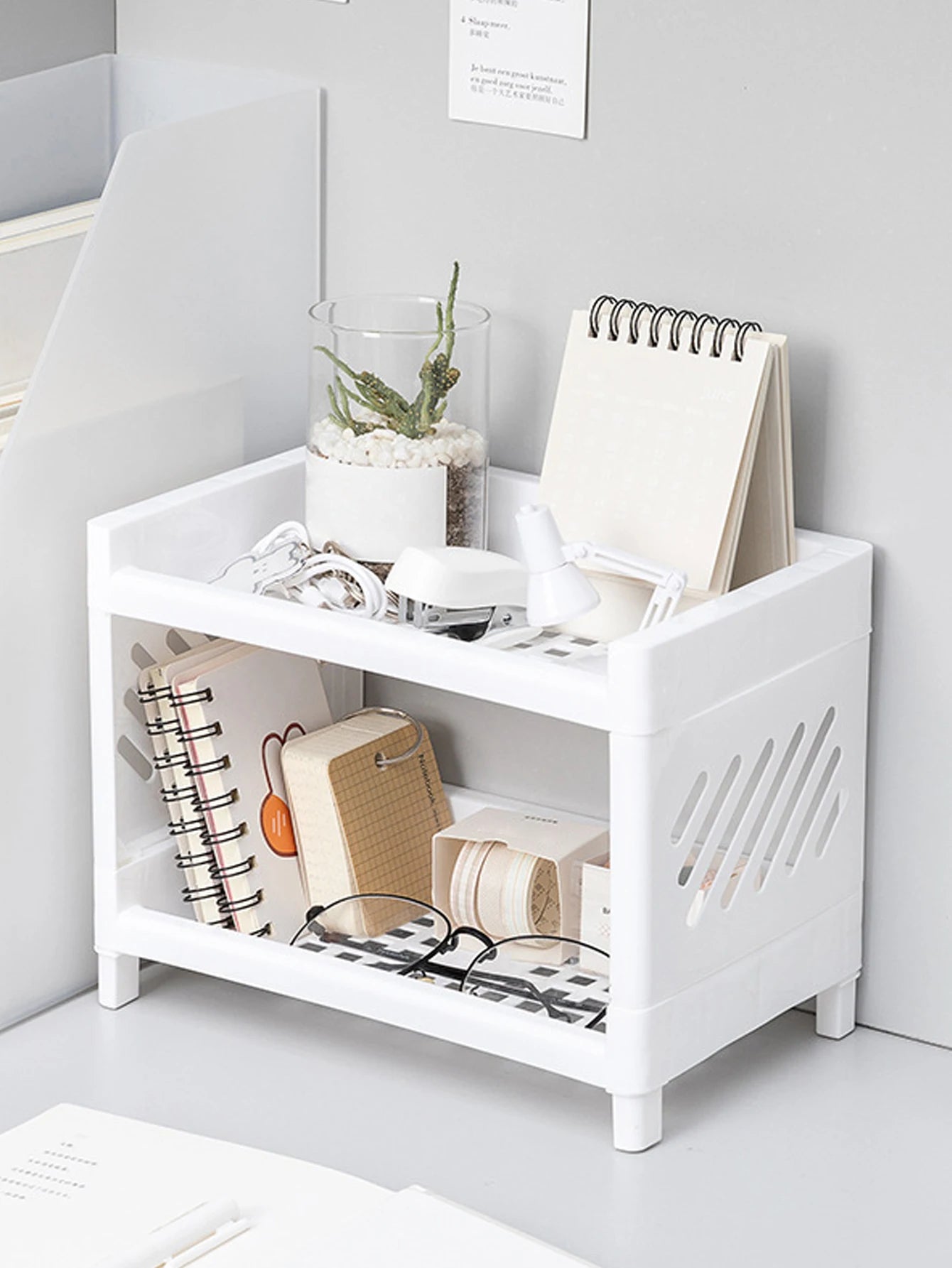 1PC PP Desktop Double Layer Storage Rack Rectangular White Organizing Student Desk Office Cosmetics Stationery - WHITE