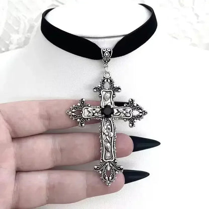 Vintage Antique Silver Color Cross Choker Black Rhinestone Gothic Black Rope Necklace Perfect for Victorian - Themed Gatherin