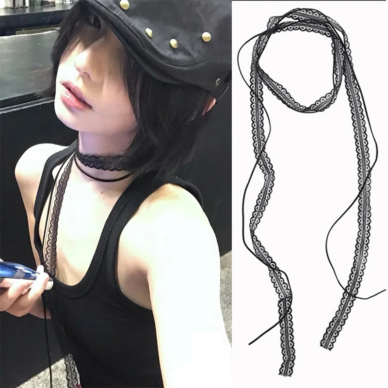 Black White Lace Necklace Versatile Long Ribbon Layered Clavicle Chain Choker for Woman Girls Daily Wear Neck Decoration Jewe