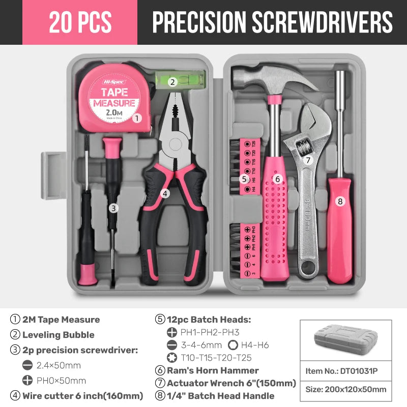 Hi-Spec 18/19/20PCs Pink DIY Tool Kit with Electric Pen & CR-V Steel - Home Maintenance Hand Tools Set for Women & Car Care -