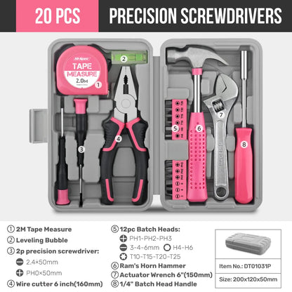 Hi-Spec 18/19/20PCs Pink DIY Tool Kit with Electric Pen & CR-V Steel - Home Maintenance Hand Tools Set for Women & Car Care -