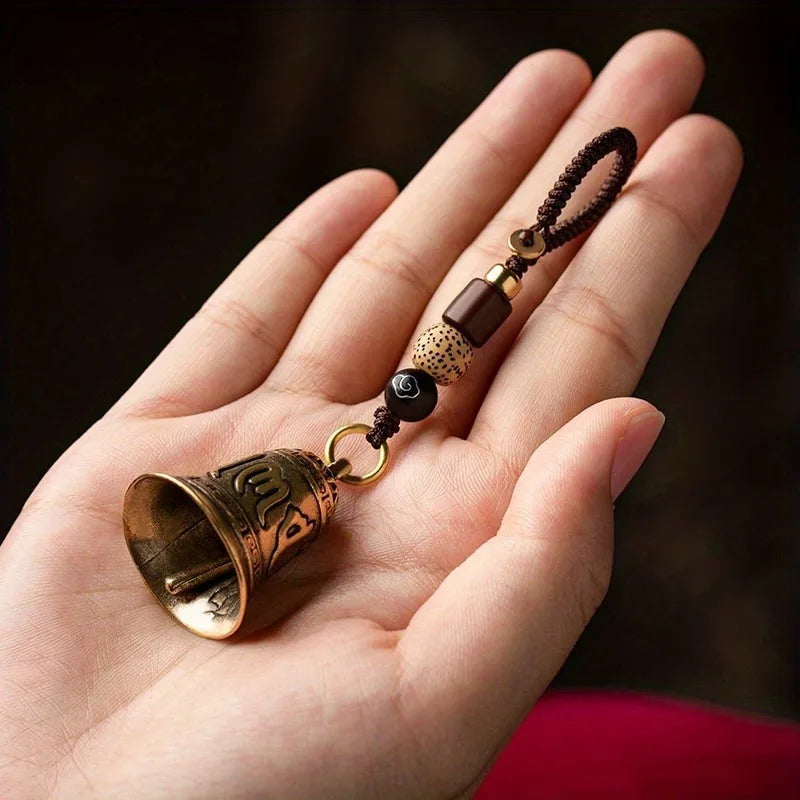 1pc Vintage Brass Tibetan Buddhism Six-word Mantra Bell Keychains Lanyard Pendants Handmade Rope Car Key Chain Rings Hanging