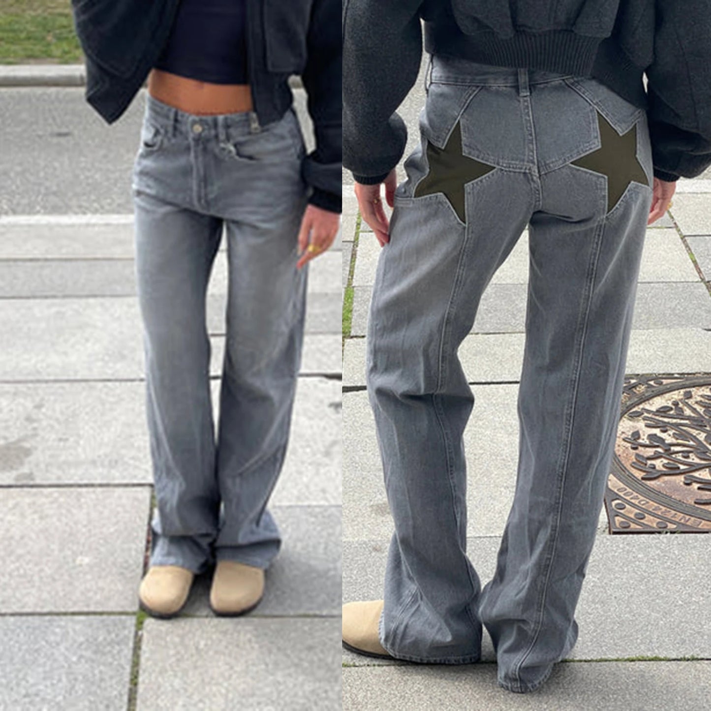 Women's Y2K Vintage Jeans Aesthetic Star Pattern Print Loose Straight Leg Denim Long Pants Casual Low Waist Trousers