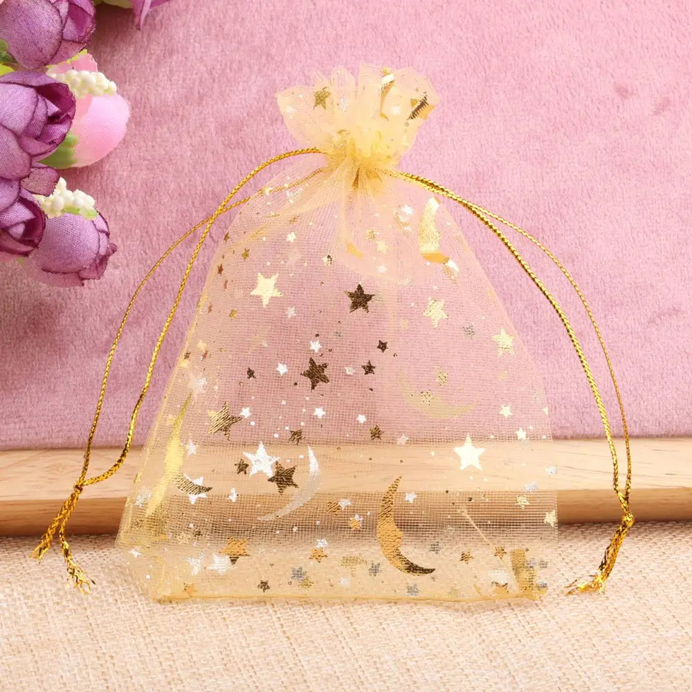 25/50pcs 7x9/9x12/10x15/13x18cm Star Moon Organza Gift Bags Mini Sachet Gold Color Drawstring Bag Jewelry Packaging Pouches -