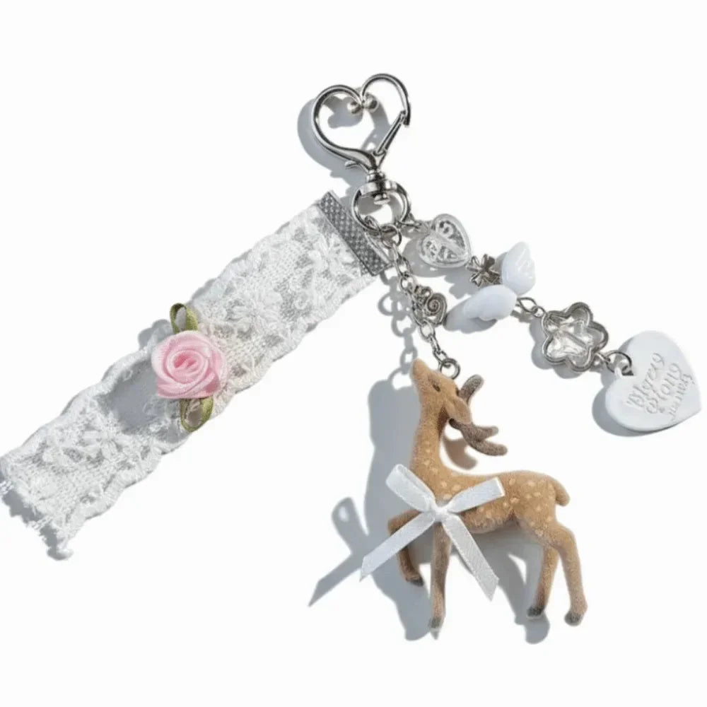 Cute Portable Deer Keychain 11.5cm Length Korean Style Phone Charms Handmade DIY Bead Case - a1