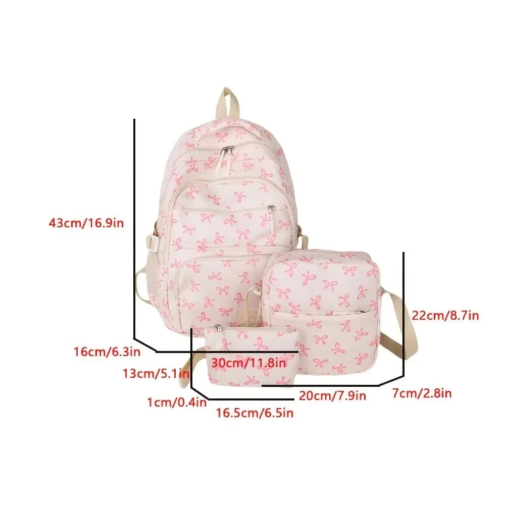3 Pcs/Set Cute Schoolbag Large Capacity Bow Backpack Bow Print Nylon School Bag Adjustable Strap Travel Backpack