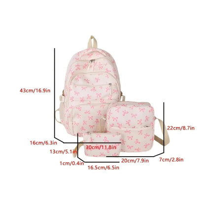 3 Pcs/Set Cute Schoolbag Large Capacity Bow Backpack Bow Print Nylon School Bag Adjustable Strap Travel Backpack
