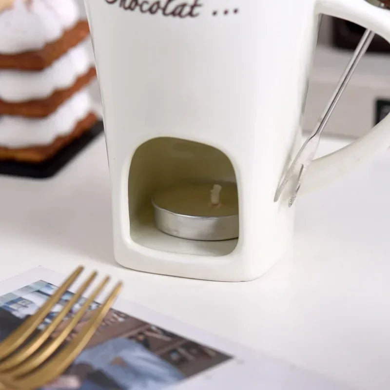 New 130ML European Candle Cup Cheese Chocolate Melting Ceramic Mug Heating Food Ceramic Mug with Fork Coffee Mug Tableware HW