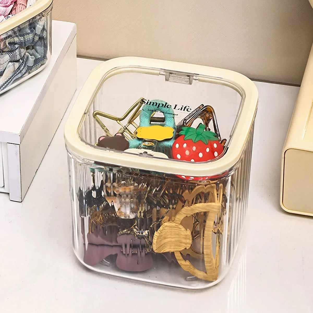 1pc Hair Accessory Storage Box, Desktop Press On Jewelry Box, with Lid, Girls' Rubber Band Headband Hair Clip Organizing Box