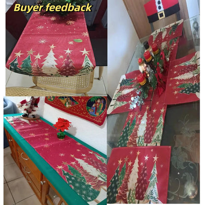 Christmas Table Runner Rectangular Festive Table Decoration, Red Christmas Trees and Snowflakes Design for Holiday Tablecloth