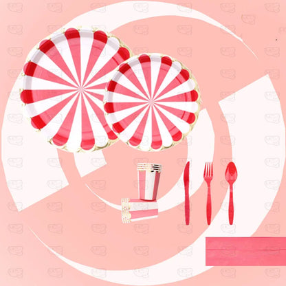 Circus Birthday Party Decor Red White Striped Disposable Tableware Sets Plates Cups PE Tablecloth Napkin Knives Forks Supplie
