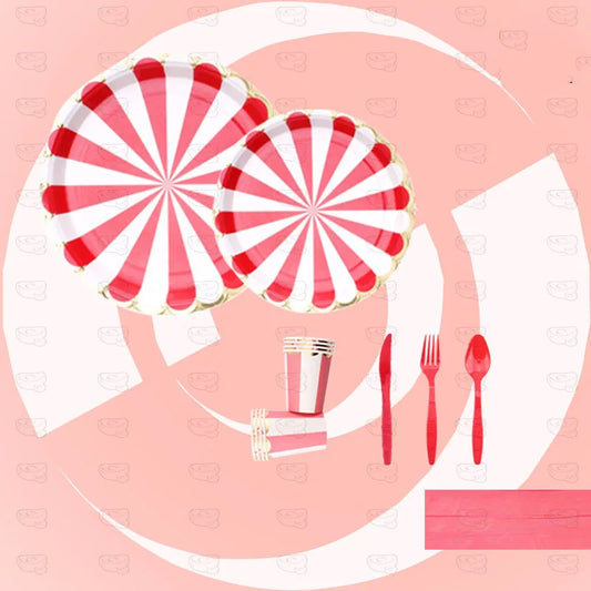 Disposable Tableware Sets - Red White Striped Plates, Cups, Cutlery for Circus Party