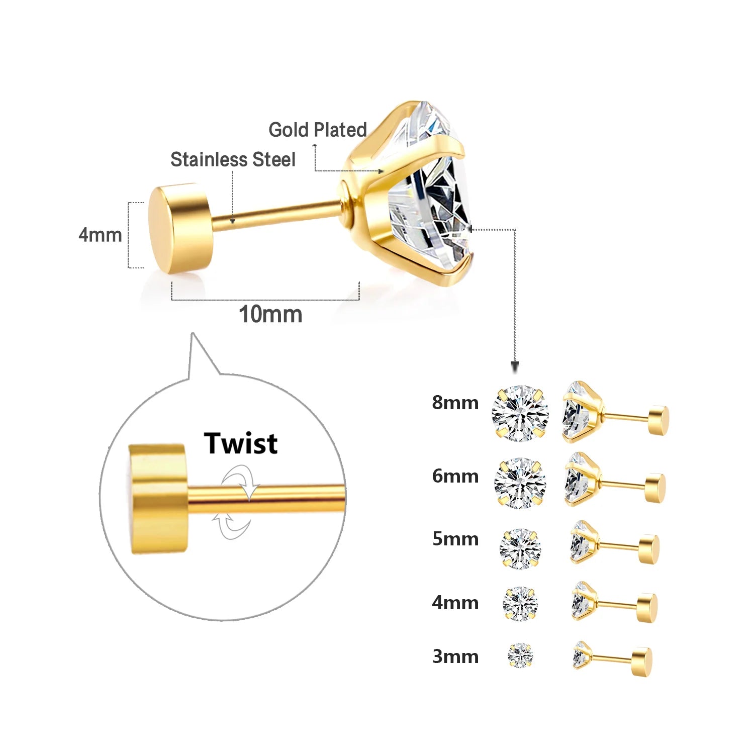 LUXUSTEEL 1Pairs/2Pcs Stainless Steel Crystal Studs Earrings For Women Men 4 Prong Tragus Round Clear Cubic Zirconia Ear Jewe