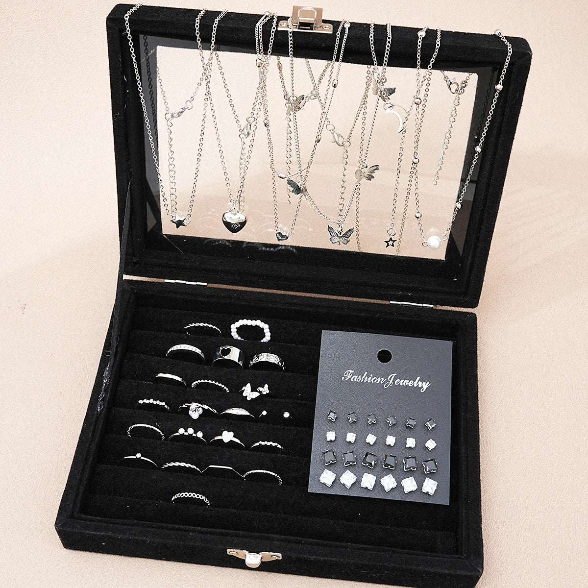 51 Pcs/Set Silver Color Chic Jewelry Set For Women Fashion Butterfly Heart Pearl Necklaces, Earrings, Rings, Match Daily Outf