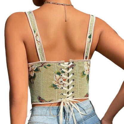 Sexy French Floral Print Bra Top Retro Double Strap Chest Support Body Shapewear Vintage Corset
