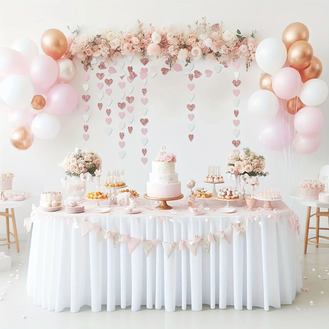 1pc Rose-Golden Pink White Party Decorations - Paper Heart Streamers Garland Galentines Valentines Day Decorations