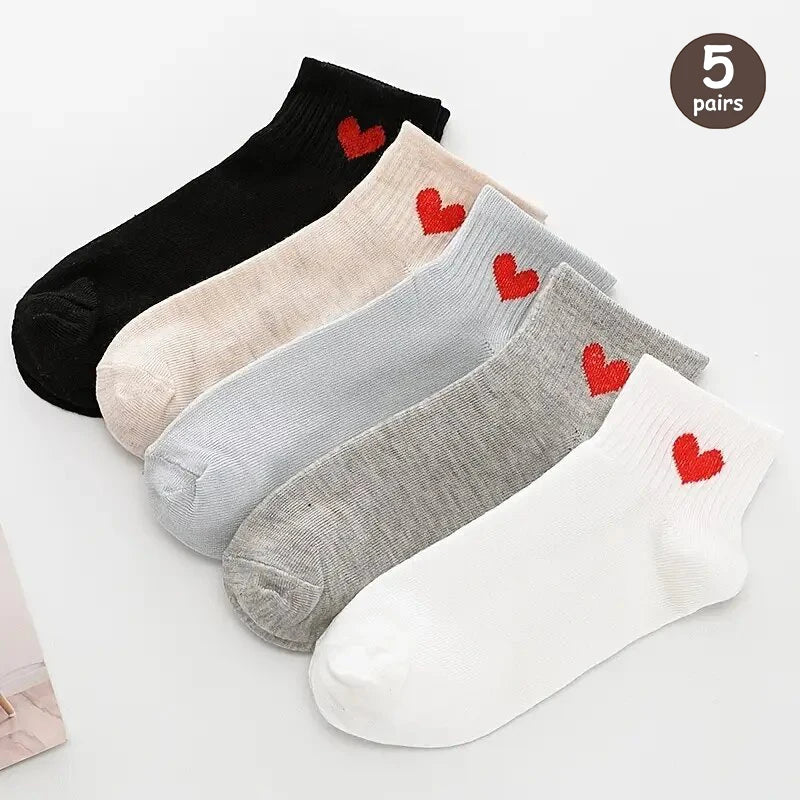 5 Pairs Women Cartoon Patterned Socks Trendy Versatile Breathable Sweat Wicking Deodorizing Antibacterial Comfortable Socks -