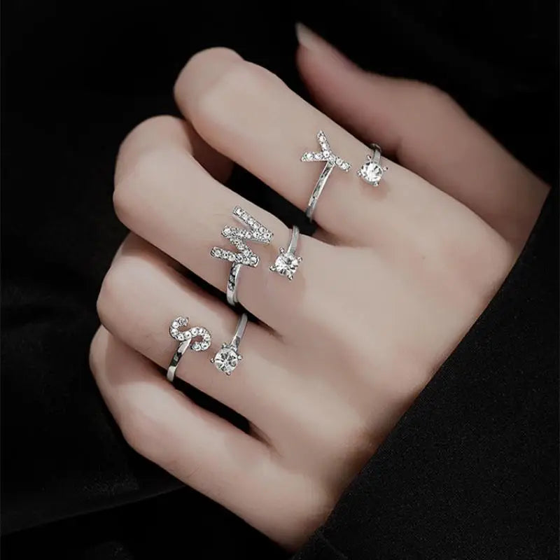 Zircon Initial A-Z Letter Ring For Women Metal Adjustable Opening Ring Name Alphabet Female Wedding Gift Anillos Mujer