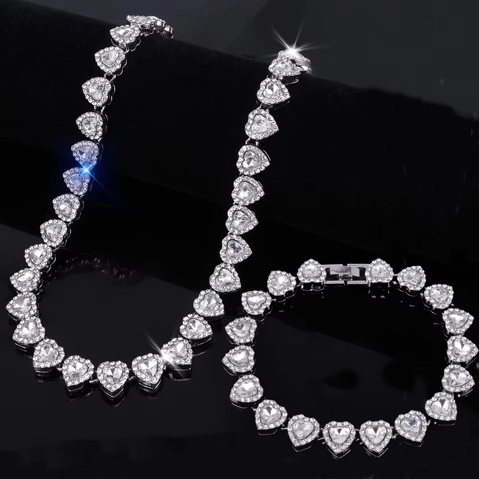 ZAKOL 45CM New Hip Hop Tennis Chain Bracelet Necklace Shiny Heart Rhinestone CZ Fashion Rock Party Jewelry Set