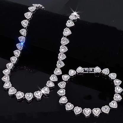 ZAKOL 45CM New Hip Hop Tennis Chain Bracelet Necklace Shiny Heart Rhinestone CZ Fashion Rock Party Jewelry Set