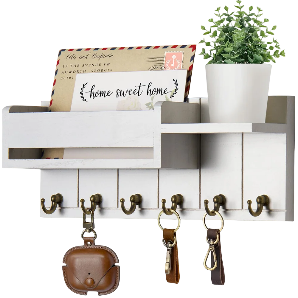 Decorative Key Rack and Mail Organizer with 6 Key Hooks Rustic Wood Key Holder Wall Mounted with Shelf for Living Room Enterw