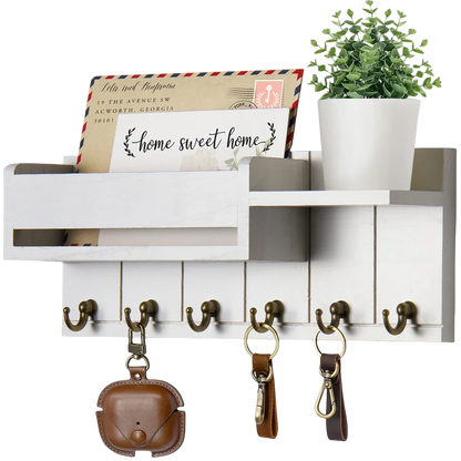 Decorative Key Rack and Mail Organizer with 6 Key Hooks Rustic Wood Key Holder Wall Mounted with Shelf for Living Room Enterw