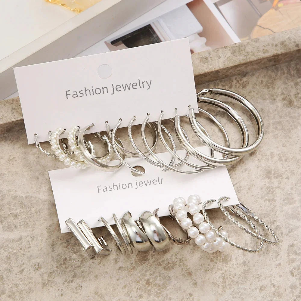 Vintage Silver Color Y2K Pearl Earrings for Women Geometry Round Circle Square Hoop Earring Set Fashion Female Jewelry Access