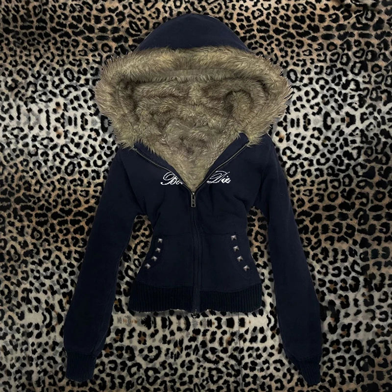 Goth Aesthetic Women Hoodie Harajuku Retro Y2K Emo Girl Fur Collar Cardigan Sweatshirt Rock Punk Hip Hop Casual Loose Streetw