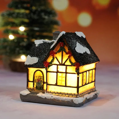Christmas Decoration House LED Light Xmas Durable Ornaments Small Resin Mini House Miniature Village Building for Home Kids G