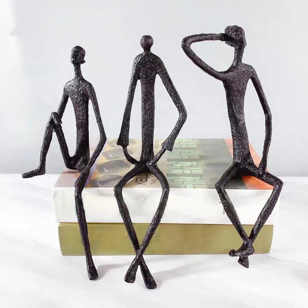Modern Abstract Thin Metal Figure Sculpture Set, Sitting Thinker Figurine, Vintage Iron Art Statue for Home Office Desktop De