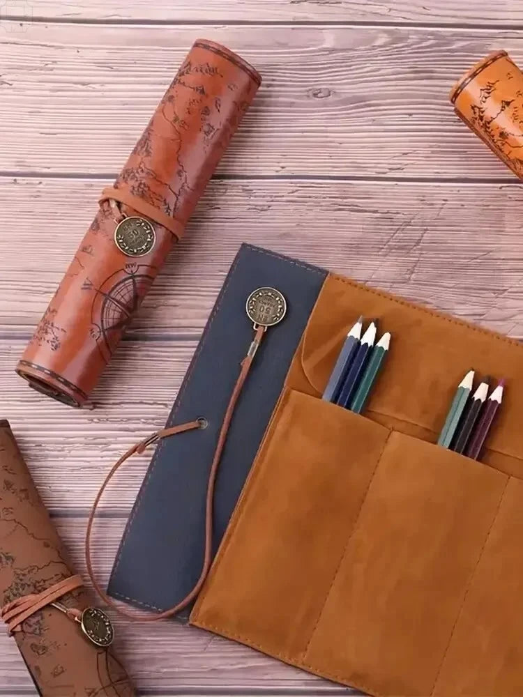 Vintage Treasure Map Roll Pencil Case – Large Capacity Leather Stationery Bag with Embossed Buckle