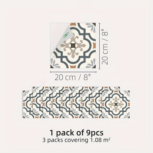9 Pcs Matte Waterproof Vinyl Tile Stickers For Living Room, Kitchen, Easy To Paste, Removable