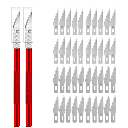 Engraving Non-Slip Metal Knife Kit + 40/10pcs #11 Blades Cutter Craft Knives for Mobile Phone PCB Repair Hand Tools - Red