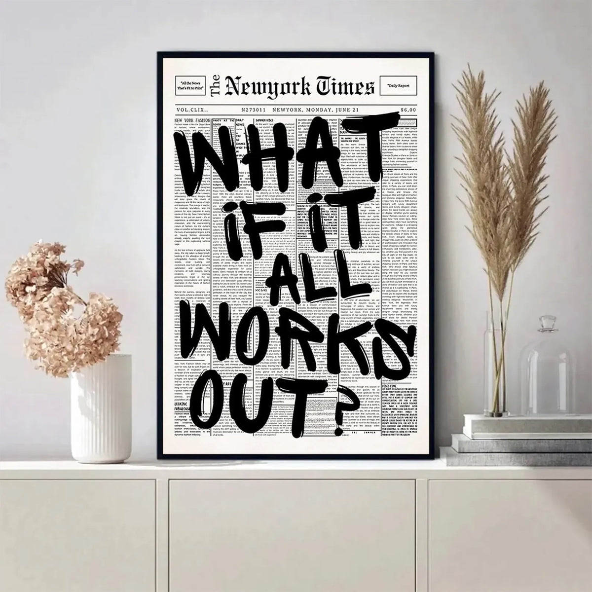 Newspaper Poster - What If It All Works Out - Positive Quote Canvas Wall Art, Affirming Minimalist Prints, Neutral Dorm Room 