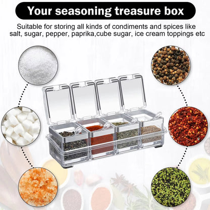 Kitchen Accessories Gourmet Acrylic Seasoning Box with 4 Serving Spoons Spice Jar Set Condiment Cruet Bottle Kitchen Supplies