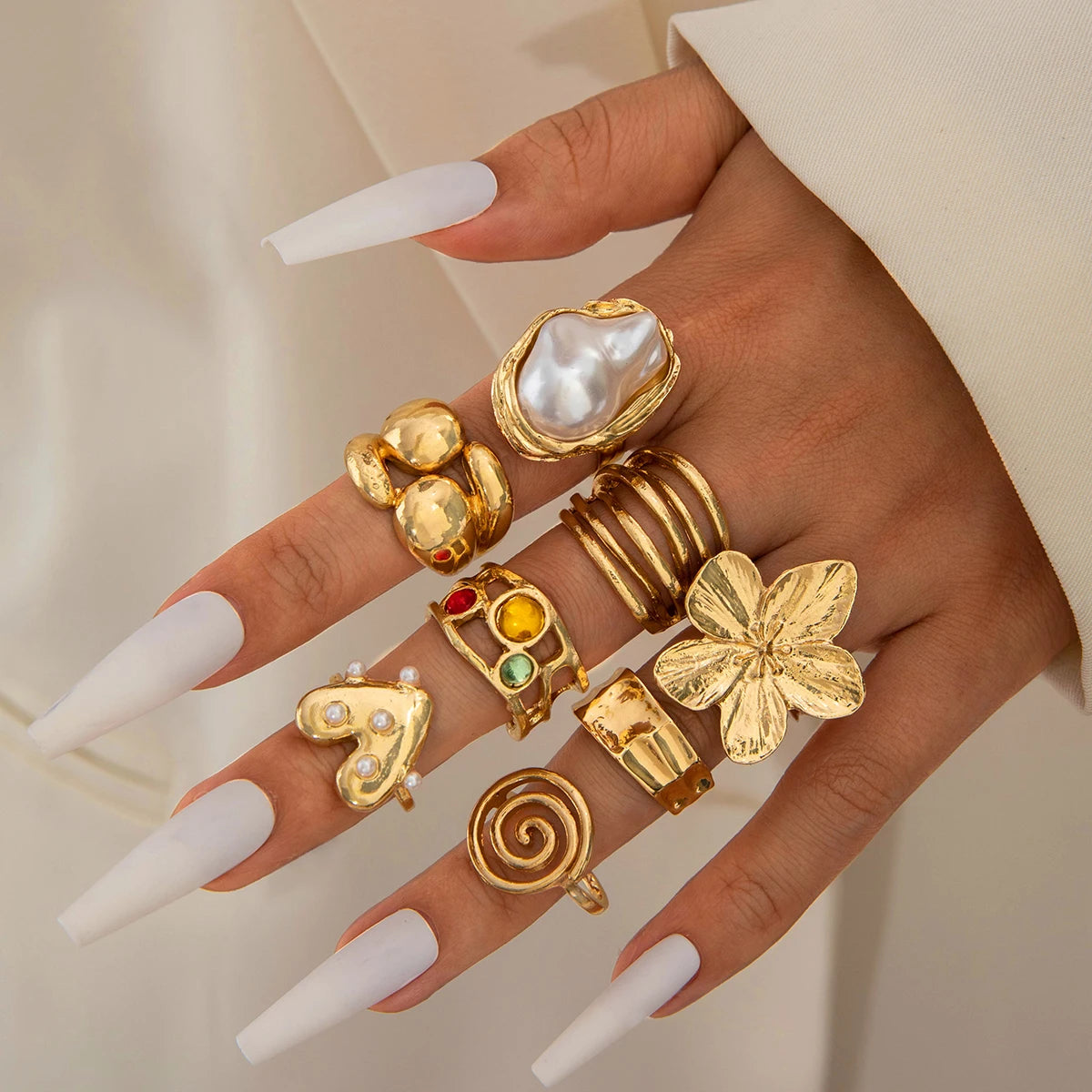 Tocona 2024 New Fashion Luxury Imitation Pearl Open Ring Sets for Women Elegant Gold Color Ring Party Jewelry Accessories - 2