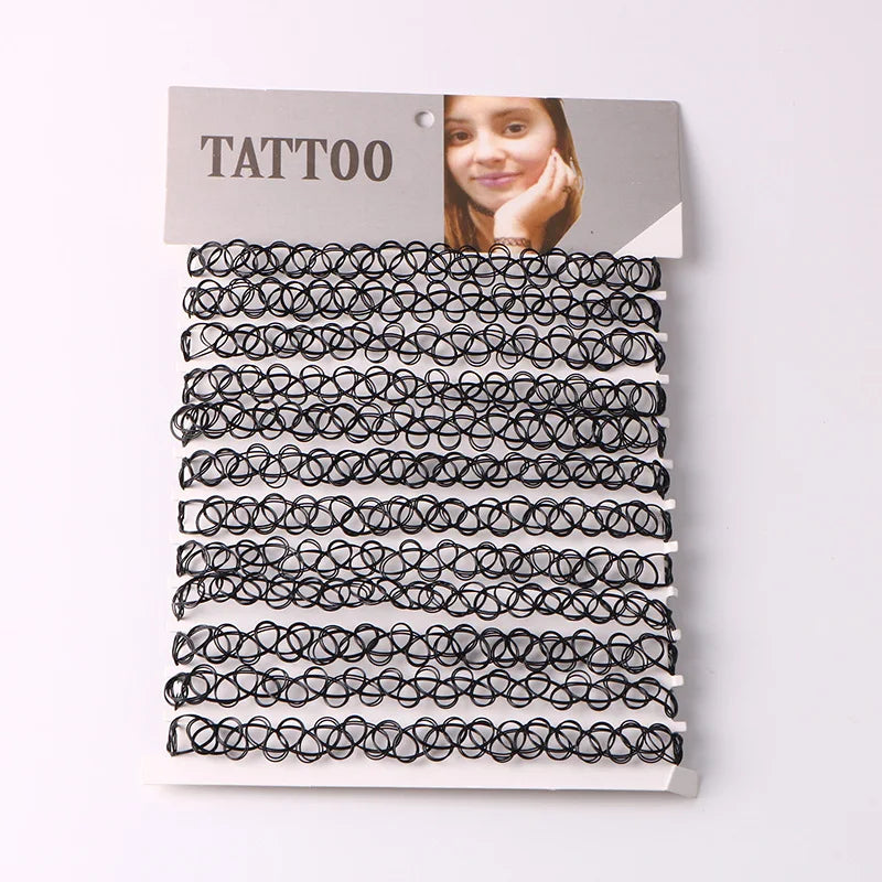 12pcs/lot Vintage Hippy Stretch Tattoo Choker Necklace Elastic Chocker Necklace Fishing Line Tattoo Colorful Necklace - Style