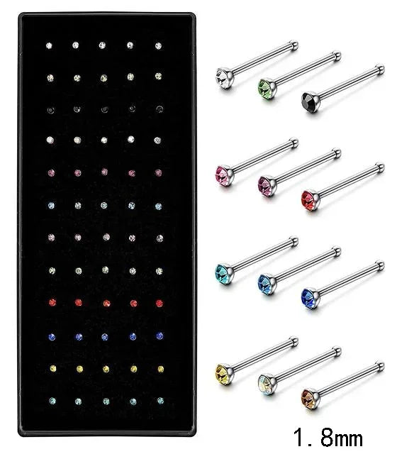 Fashion Crystal Stainless Steel Nose Stud Piercing for Women Hypoallergenic 1.8mm Nose Ring Straight/L/Screw Shaped Body Jewe