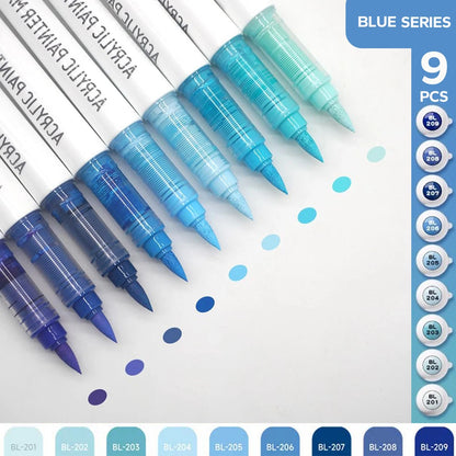 Acrylic Brush Markers Set, Assorted Pro Color Series Automatic Ink Control System Art Markers Set, 9 Count/Set - Blue Series