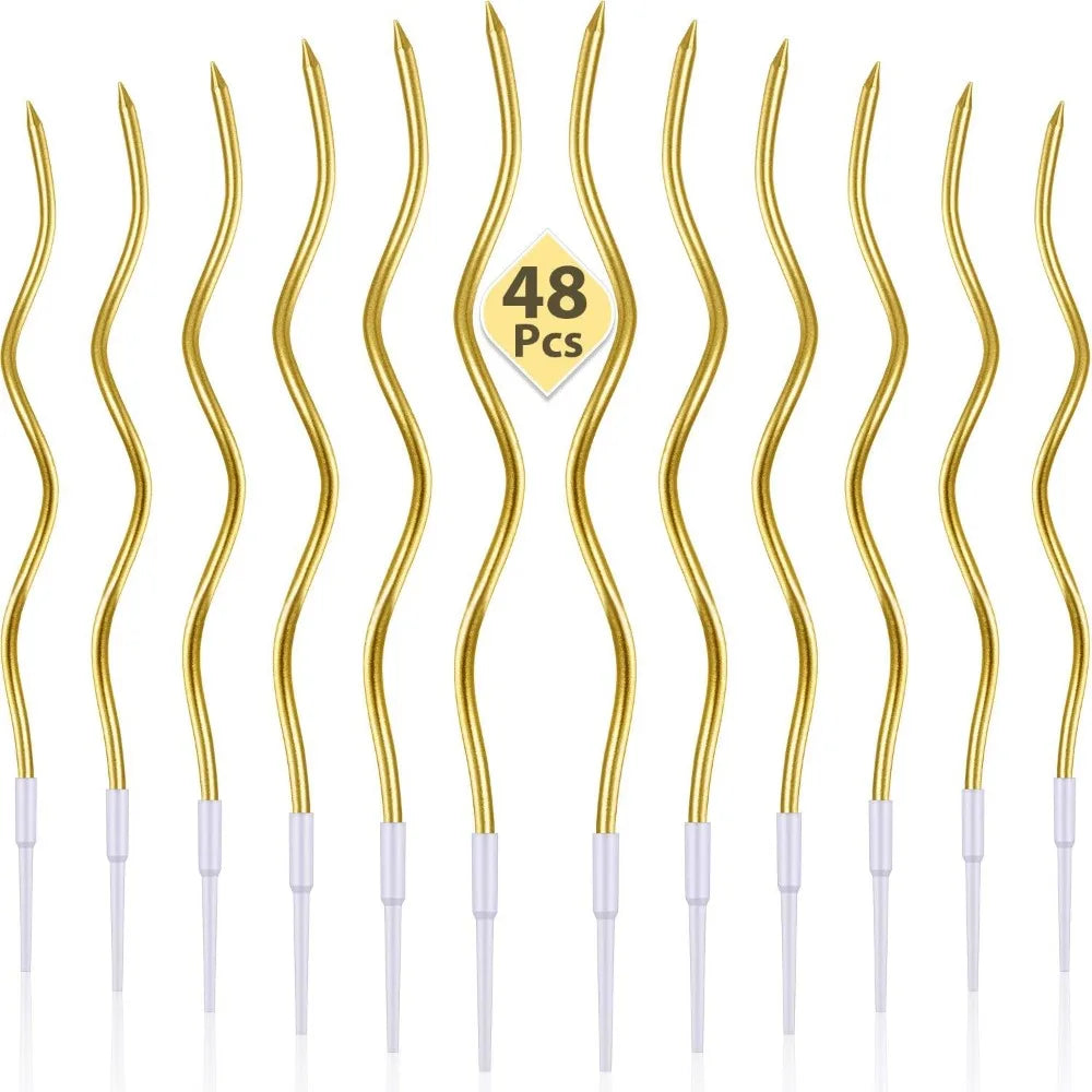 12/48pcs/1case Birthday Candles Spiral Cake Candles Long Thin Cake Candles For Wedding Party And Cake Decoration - Gold Curve
