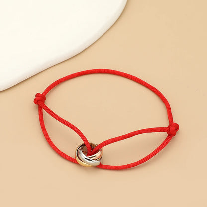 Simple Fashion Unisex Bracelet 3 Metal Round Circle Accessory Adjustable Men's Rope Bracelet for Women Jewelry Gifts - red