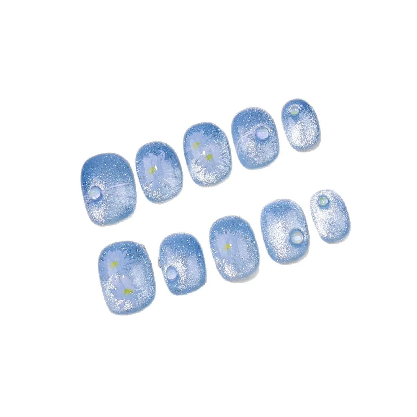 10pcs/set Handmade Press-On Nails - Blue Glossy Fish & Bubbles Design Short Oval Fake Nails with Cat Eye Effect False Nails -