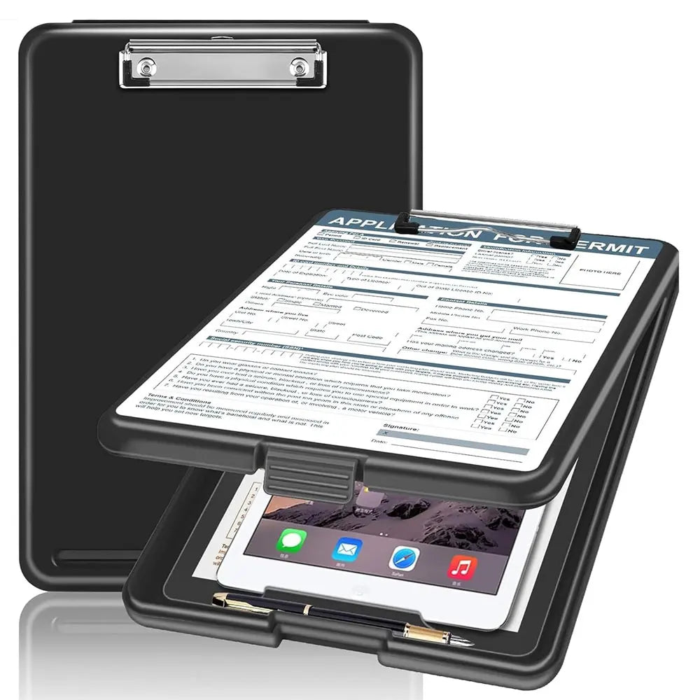 Black Plastic Writing Board - With Storage Box, Slim Design, Suitable for Home and Office, Memo Clipboard - Black (Style 8008