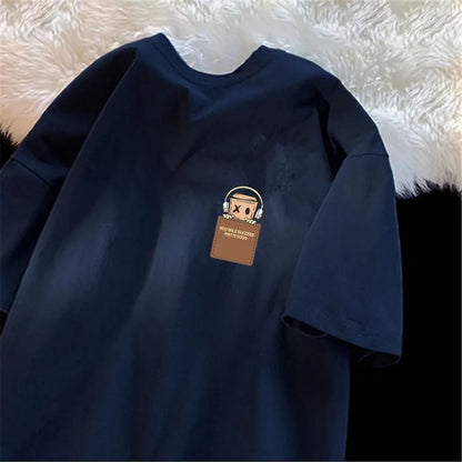 American Style Vintage Fashion Simple Design Print Cotton Men T Shirt Oversized Sports Short Sleeve Round Neck Couple Unisex 