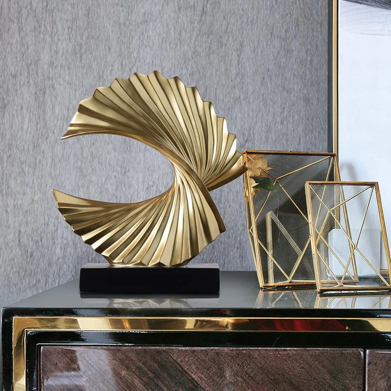 Modern Abstract Sculpture Art Deco Decor, Gold Ocean Wave Sculpture Large Home Decor Accents, Gold Statue for Men Office Hous