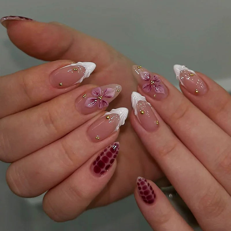 24pcs Long Almond Press on Nails False Nails with Golden Decoration Wearable Stick-on Nails Fake Nail Uñas Накладные Ногти 네일