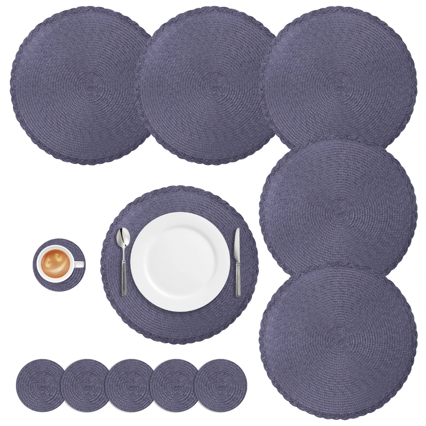 Round Braided Placemats Set of 6 Washable PP/PET Heat Resistant 34cm Table Place Mat for Kitchen Xmas Dining Table Party Deco