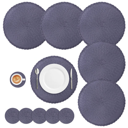 Round Braided Placemats Set of 6 Washable PP/PET Heat Resistant 34cm Table Place Mat for Kitchen Xmas Dining Table Party Deco